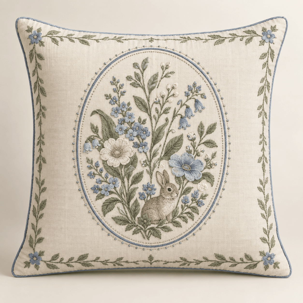 Botanical Egg Cameo Decorative Pillow Cover in ivory, sage and dusty blue — design visualization