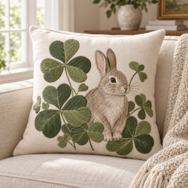 Rabbit in Clover — Decorative Pillows in cream, leaf green, taupe in a styled setting — design visualization