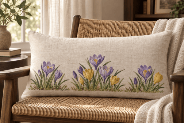 Spring Crocus — Decorative Pillows in lavender, butter yellow, green, flax in a styled setting — design visualization