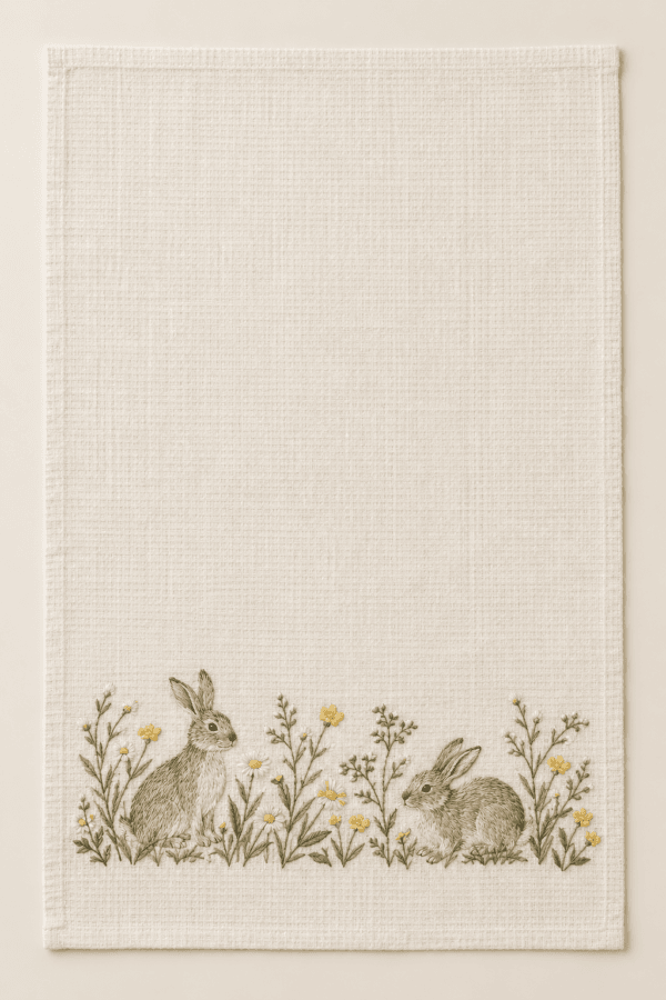 Meadow Rabbit Kitchen Towel in ivory, sage and butter yellow — design visualization