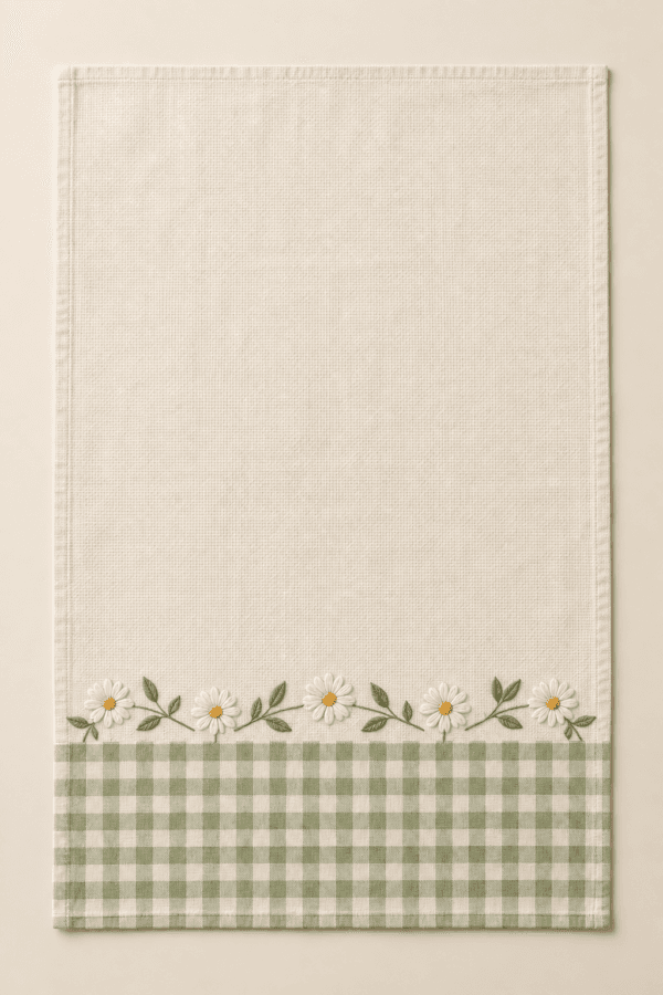 Spring Gingham Kitchen Towel in cream and sage — design visualization