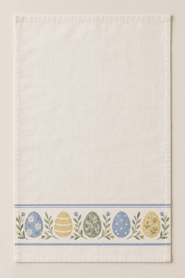 Painted Egg Border Kitchen Towel in ivory, dusty blue, yellow and sage — design visualization