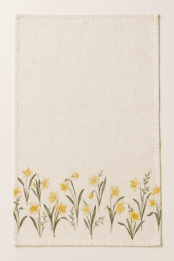 Daffodil Morning Kitchen Towel in cream, yellow and olive — design visualization