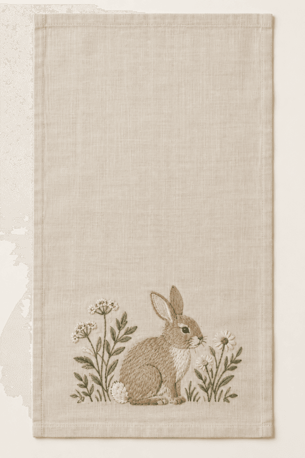Garden Bunny Kitchen Towel in flax, cream and muted green — design visualization