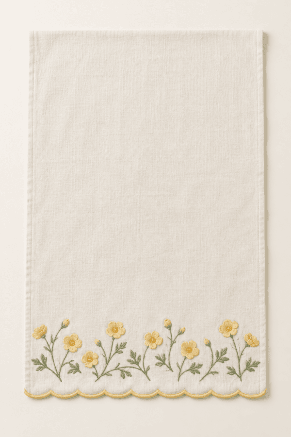 Buttercup Scallop Kitchen Towel in butter yellow, ivory and sage — design visualization