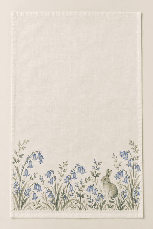 Bluebell Meadow Kitchen Towel in ivory, cornflower blue and sage — design visualization