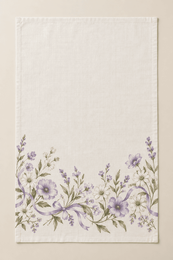 Wildflower Ribbon Kitchen Towel in warm white, lilac and green — design visualization