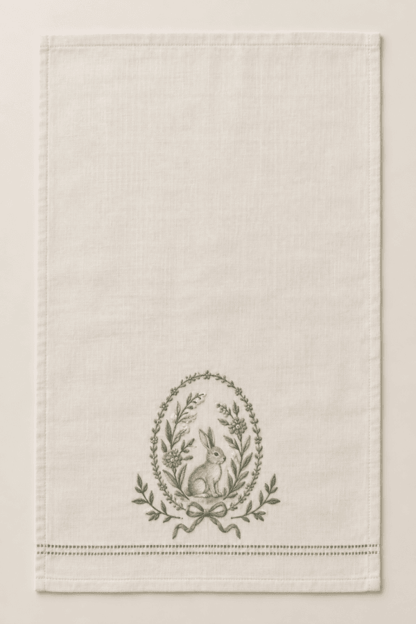 Botanical Egg Cameo Kitchen Towel in ivory, sage and dusty blue — design visualization