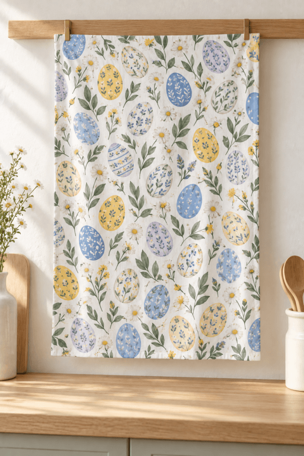 Painted Egg Meadow — Kitchen Towels in soft yellow, blue, sage, lilac, white in a styled setting — design visualization