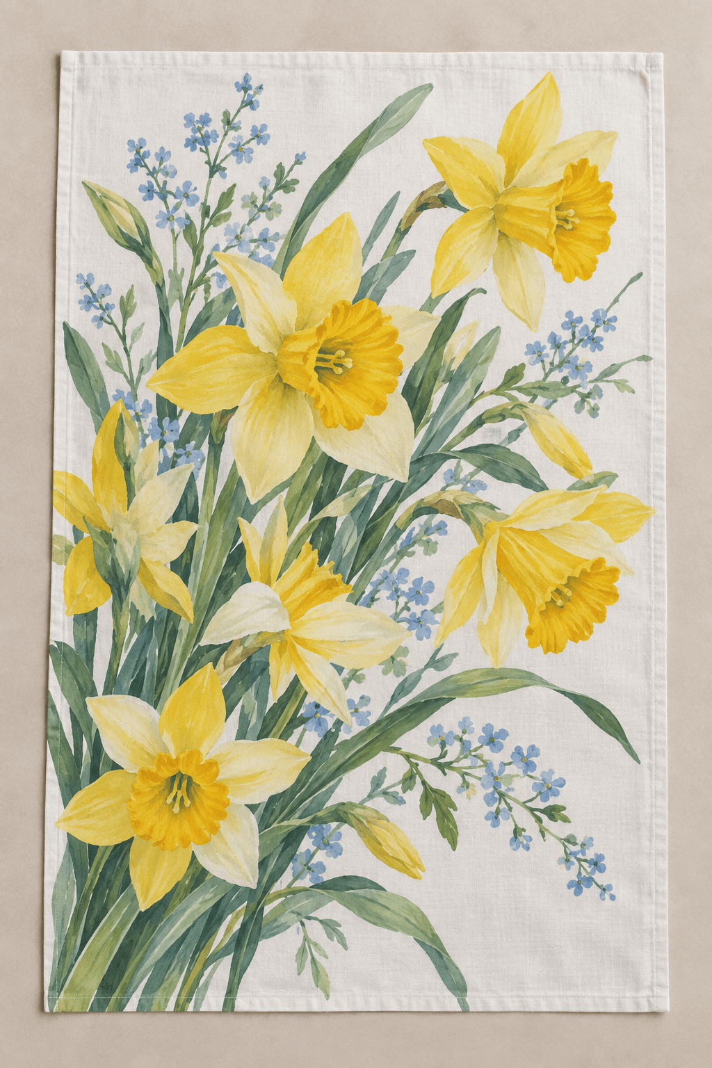 Daffodil Bouquet — Kitchen Towels in yellow, green, sky blue, ivory — design visualization