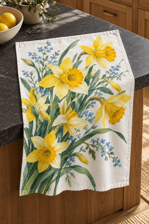 Daffodil Bouquet — Kitchen Towels in yellow, green, sky blue, ivory in a styled setting — design visualization