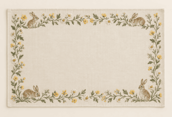 Meadow Rabbit Placemat in ivory, sage and butter yellow — design visualization