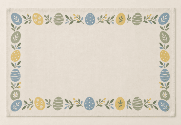 Painted Egg Border Placemat in ivory, dusty blue, yellow and sage — design visualization