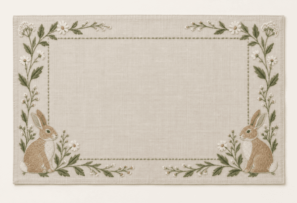Garden Bunny Placemat in flax, cream and muted green — design visualization