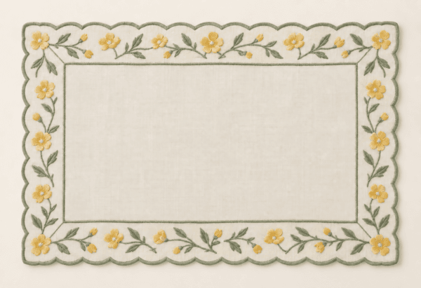 Buttercup Scallop Placemat in butter yellow, ivory and sage — design visualization