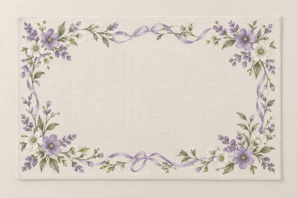 Wildflower Ribbon Placemat in warm white, lilac and green — design visualization