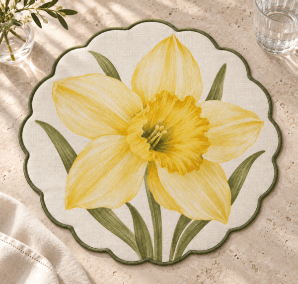 Daffodil Sun — Placemats in butter yellow, olive, ivory in a styled setting — design visualization