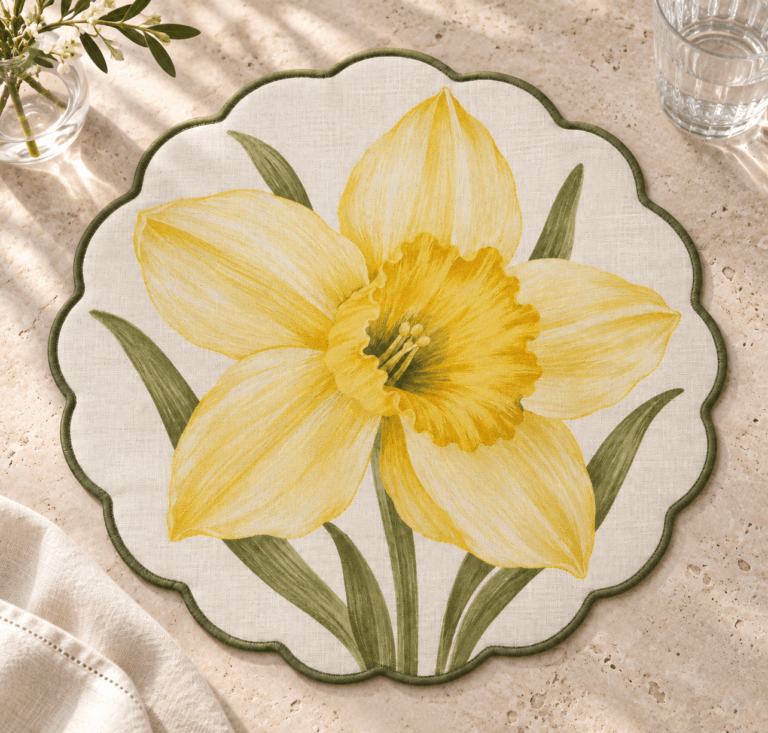 Daffodil Sun — Placemats in butter yellow, olive, ivory in a styled setting — design visualization