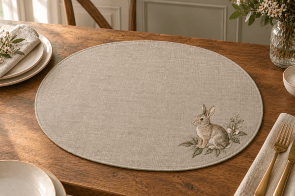 Rabbit at the Edge — Placemats in taupe, sage, ivory in a styled setting — design visualization