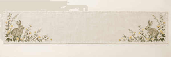 Meadow Rabbit Table Runner in ivory, sage and butter yellow — design visualization