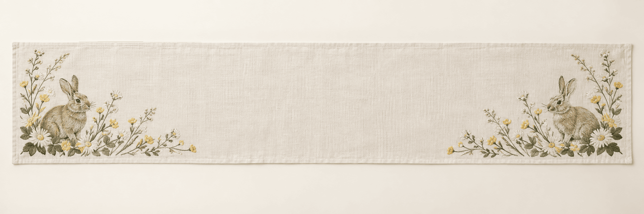 Meadow Rabbit Table Runner in ivory, sage and butter yellow — design visualization
