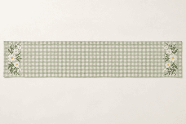 Spring Gingham Table Runner in cream and sage — design visualization