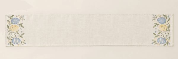 Painted Egg Border Table Runner in ivory, dusty blue, yellow and sage — design visualization
