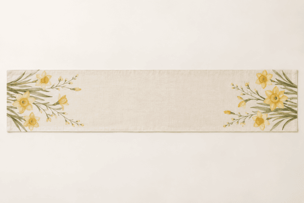 Daffodil Morning Table Runner in cream, yellow and olive — design visualization