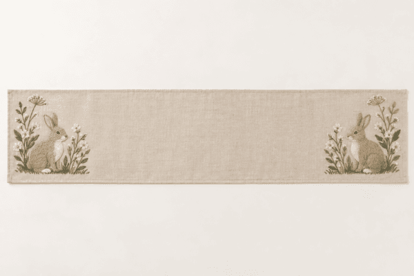 Garden Bunny Table Runner in flax, cream and muted green — design visualization