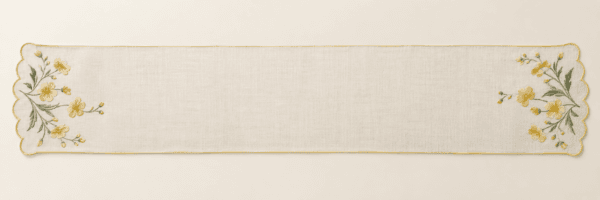 Buttercup Scallop Table Runner in butter yellow, ivory and sage — design visualization