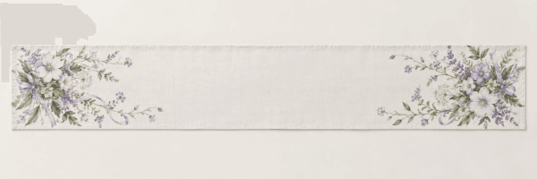 Wildflower Ribbon Table Runner in warm white, lilac and green — design visualization