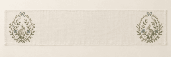 Botanical Egg Cameo Table Runner in ivory, sage and dusty blue — design visualization