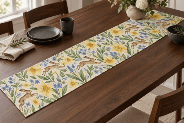 Meadow Dance — Table Runners in butter yellow, grass green, periwinkle, ivory in a styled setting — design visualization