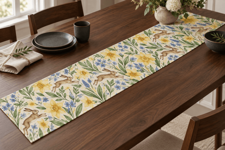Meadow Dance — Table Runners in butter yellow, grass green, periwinkle, ivory in a styled setting — design visualization