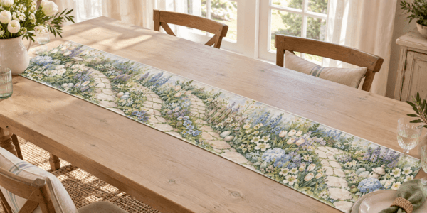 Spring Garden Path — Table Runners in sage, lilac, pale blue, cream in a styled setting — design visualization