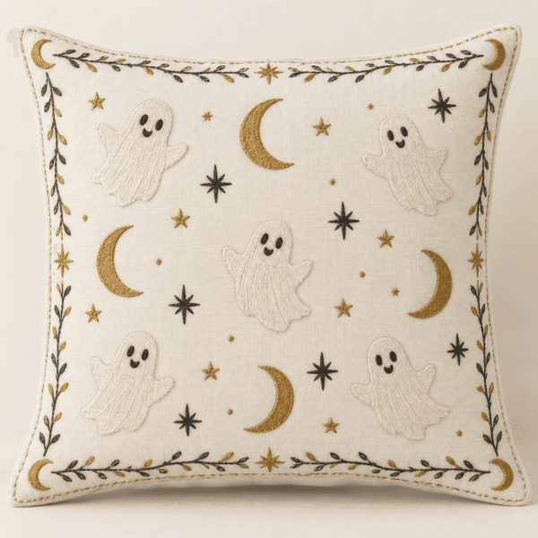 Moonlit Ghost Decorative Pillow Cover in ivory, charcoal and muted gold — design visualization