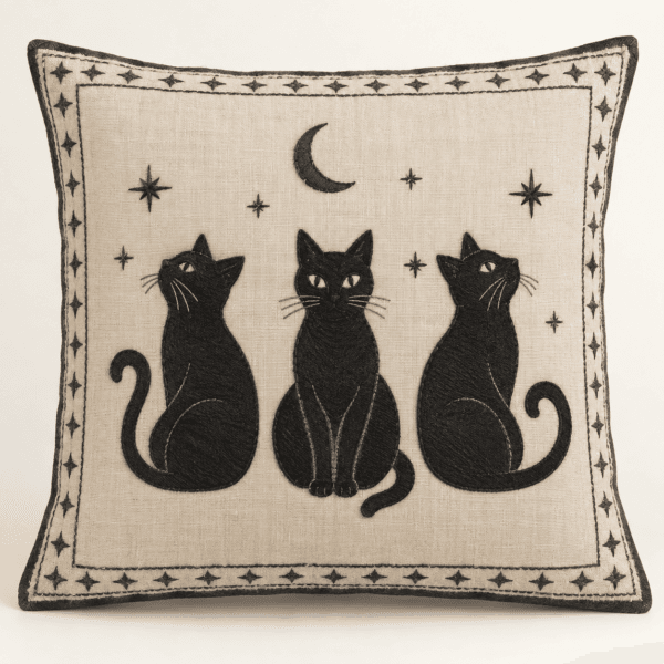 Midnight Cat Decorative Pillow Cover in oatmeal and charcoal — design visualization