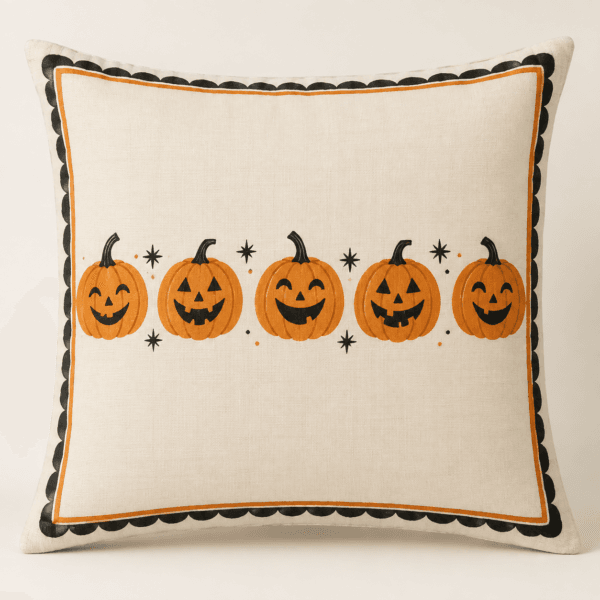 Pumpkin Parade Decorative Pillow Cover in ivory, amber and black — design visualization