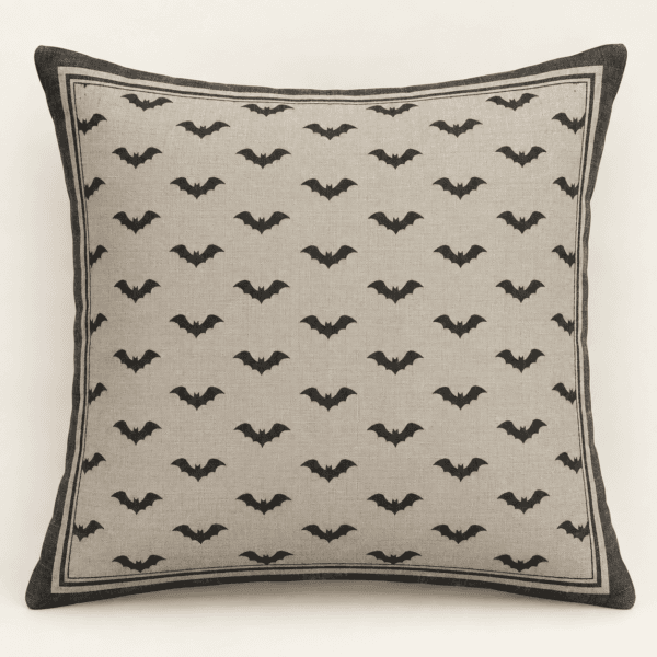 Twilight Bats Decorative Pillow Cover in warm grey, black and ivory — design visualization