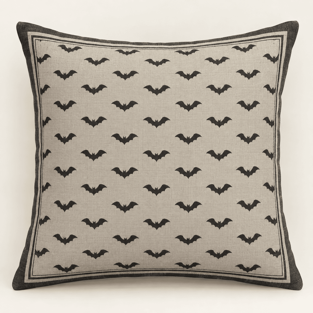 Twilight Bats Decorative Pillow Cover in warm grey, black and ivory — design visualization