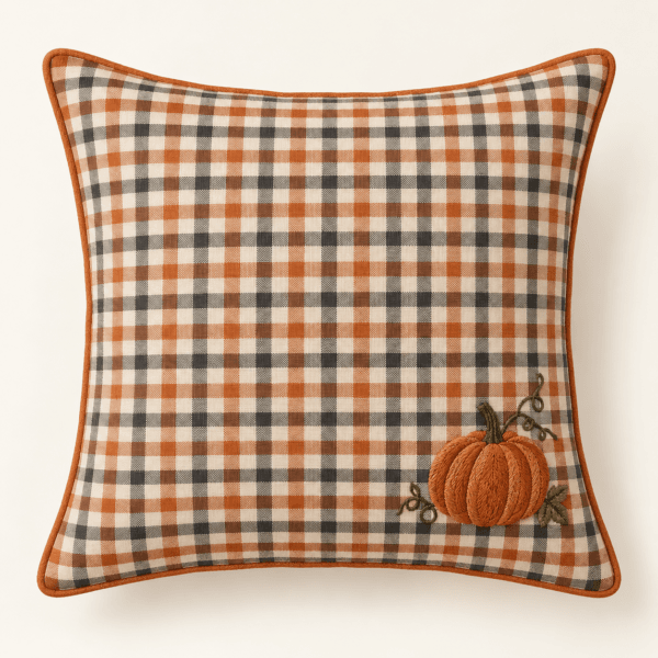 October Gingham Decorative Pillow Cover in cream, muted orange and charcoal — design visualization