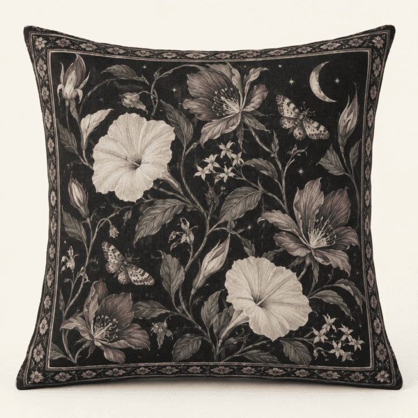 Gothic Garden Decorative Pillow Cover in black, muted mauve and ivory — design visualization