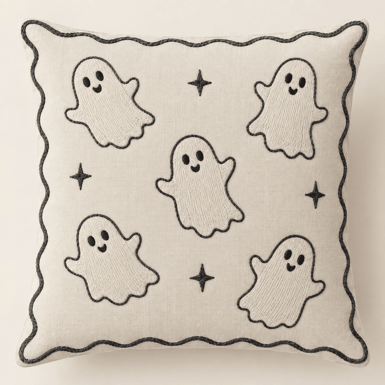 Ghost Scallop Decorative Pillow Cover in cream and charcoal — design visualization