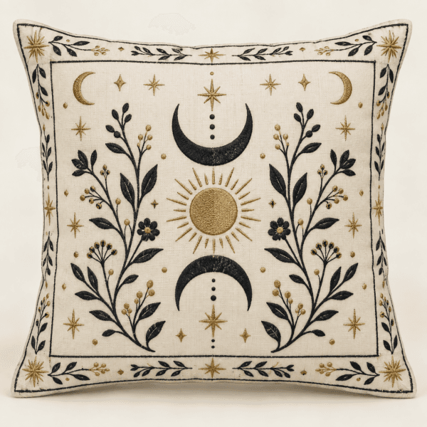 Celestial Witching Decorative Pillow Cover in ink, antique gold and warm white — design visualization