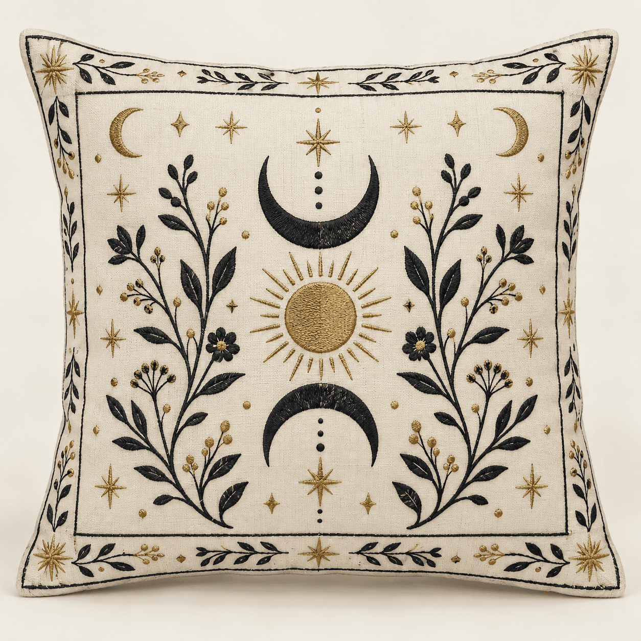 Celestial Witching Decorative Pillow Cover in ink, antique gold and warm white — design visualization
