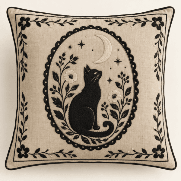Moon Garden Cameo Decorative Pillow Cover in oatmeal and black — design visualization