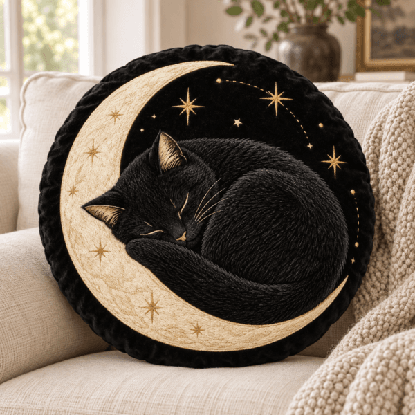 Crescent Cat — Decorative Pillows in black velvet, bone, antique gold in a styled setting — design visualization