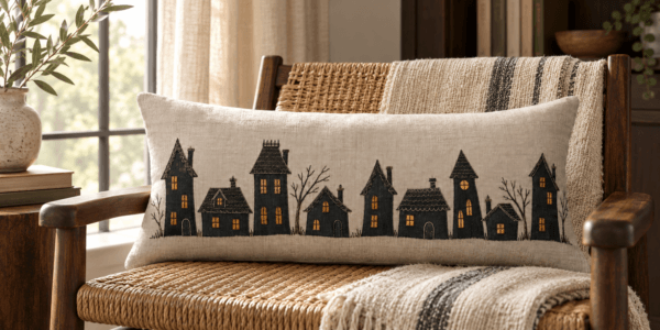 After Dark — Decorative Pillows in charcoal, flax, amber in a styled setting — design visualization