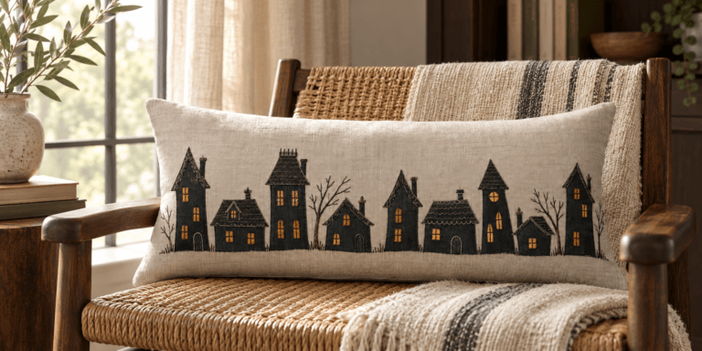 After Dark — Decorative Pillows in charcoal, flax, amber in a styled setting — design visualization