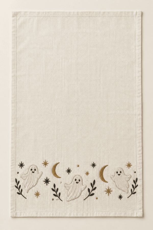 Moonlit Ghost Kitchen Towel in ivory, charcoal and muted gold — design visualization